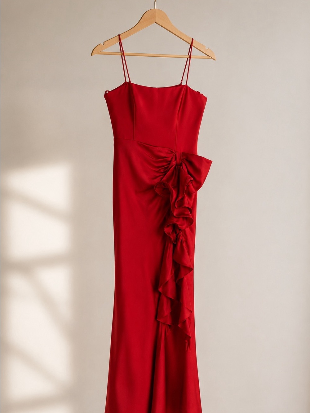 cinq a sept Red Satin Ruffle-Accent Maxi Dress